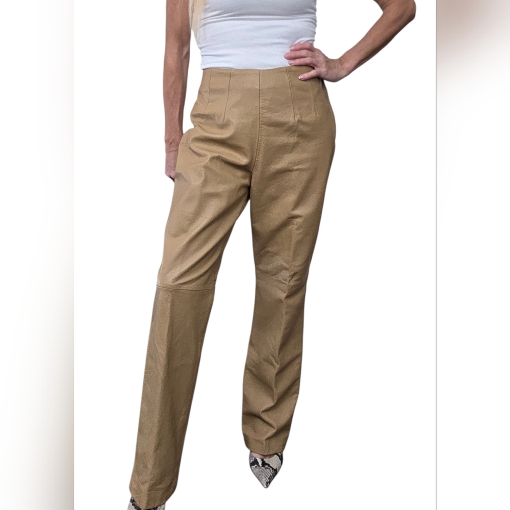 Vintage Y2K Genuine Leather Pants Tan High Rise Straight Leg 10